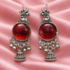 Red Stone Peacock Design Oxidised Silver Jhumka Earrings