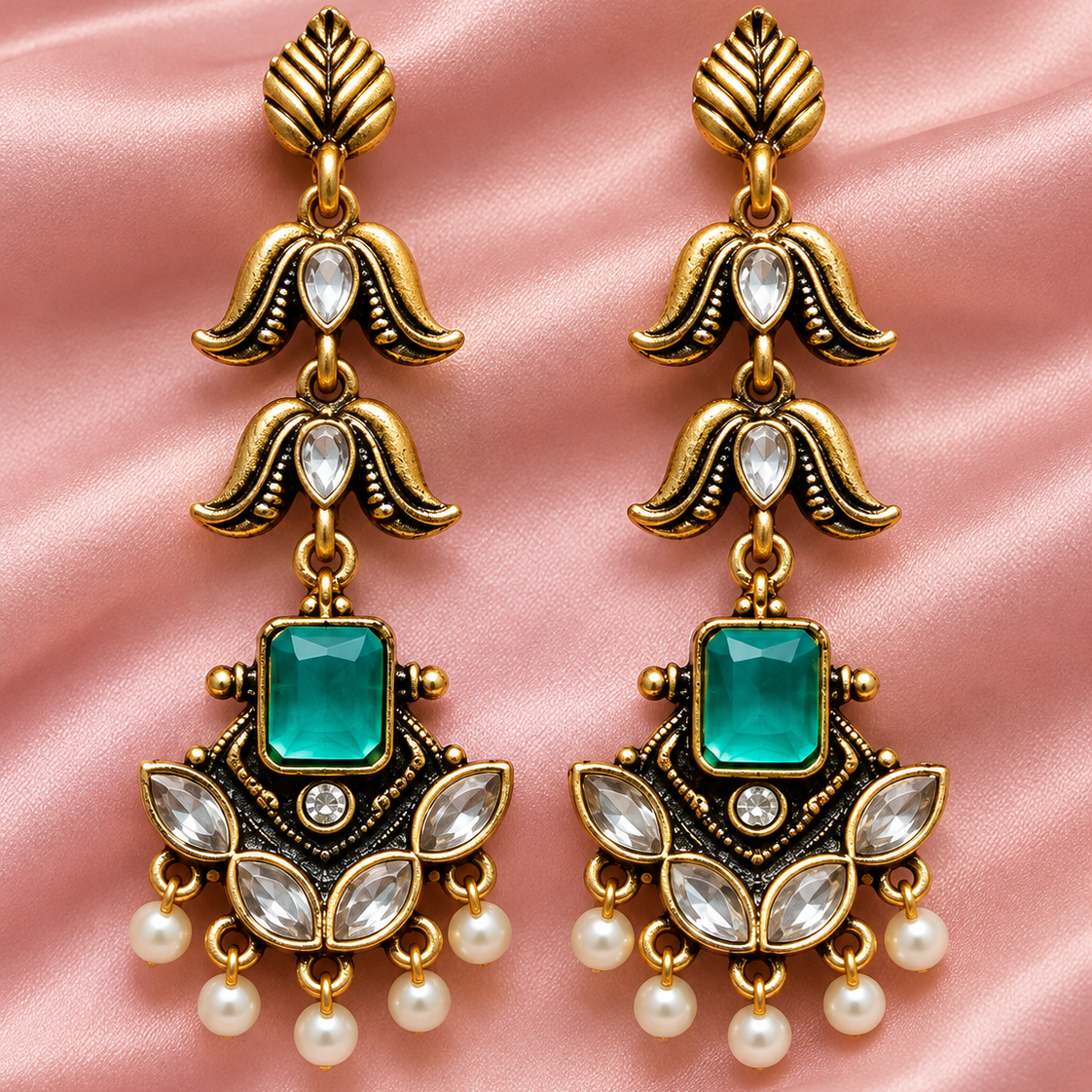 Antique Gold Kundan Pearl Drop Earrings