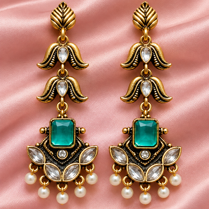 Antique Gold Kundan Pearl Drop Earrings
