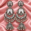 Traditional Oxidised Silver Statement Jhumka Earrings with Mirror Work & Ghungroo Detailing