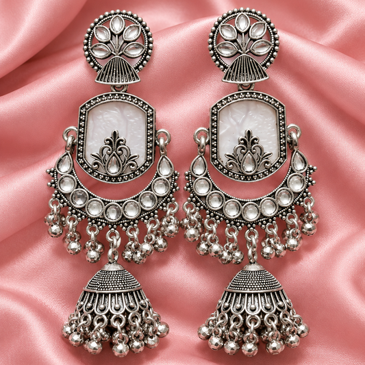Traditional Oxidised Silver Statement Jhumka Earrings with Mirror Work & Ghungroo Detailing