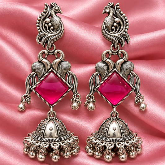 Oxidised Silver Peacock Jhumka Earrings
