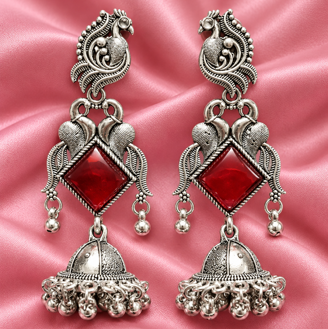 Oxidised Silver Peacock Jhumka Earrings