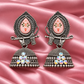 Traditional Oxidised Silver Pink Floral Jhumka Earrings with Sparkling Stone Detailing