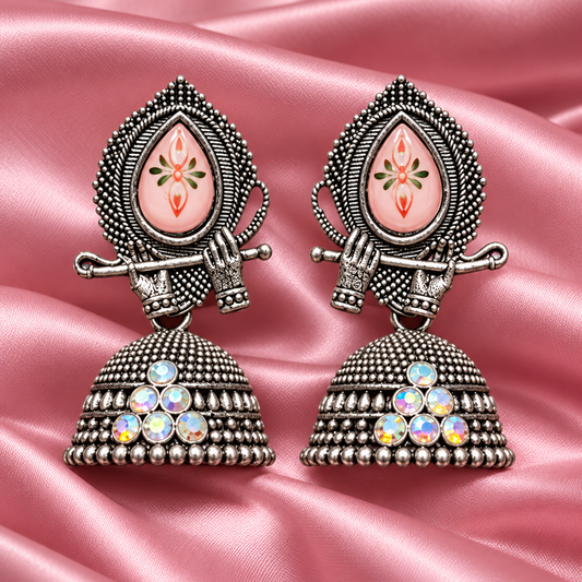 Traditional Oxidised Silver Pink Floral Jhumka Earrings with Sparkling Stone Detailing