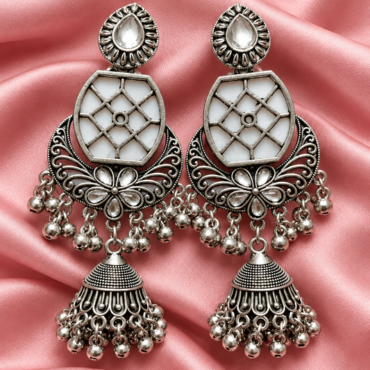 Traditional Oxidised Silver Mirror Work Jhumka Earrings with Floral Design & Ghungroo