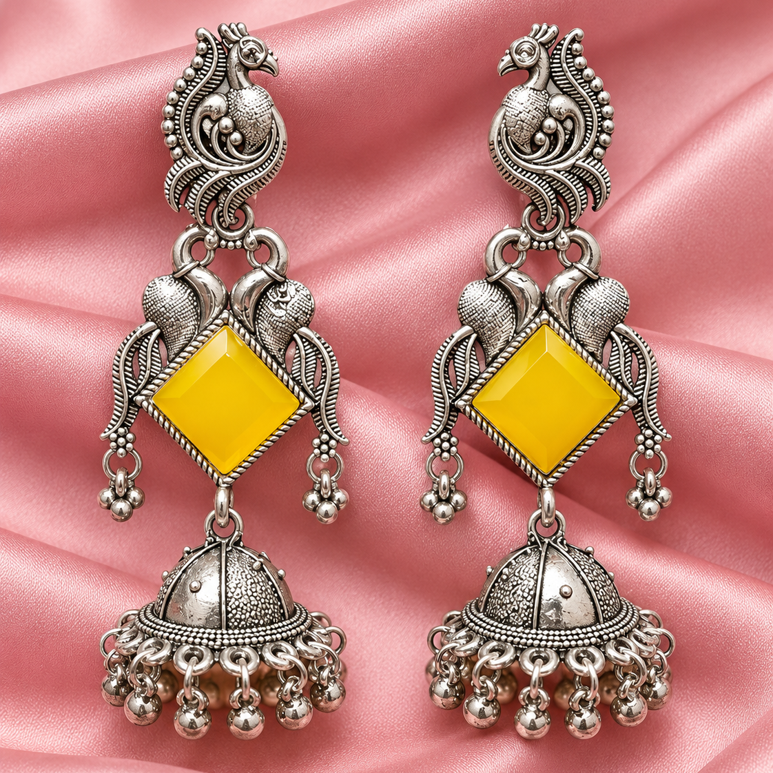 Oxidised Silver Peacock Jhumka Earrings