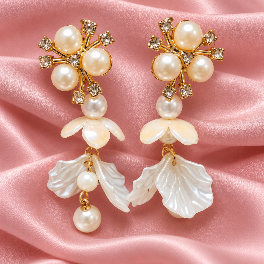 White Pearl Floral Shell Drop Earrings for Women