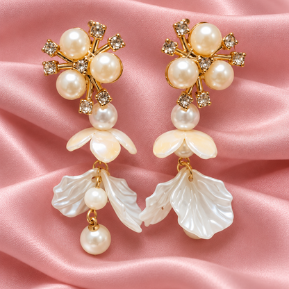 White Pearl Floral Shell Drop Earrings for Women