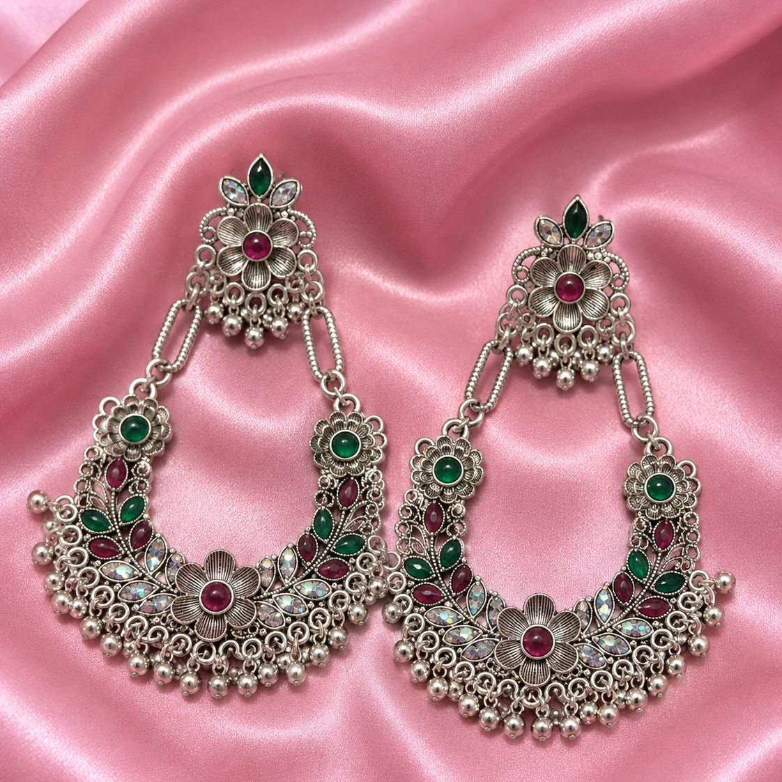 Oxidised Silver Multicolor Floral Chandbali Earrings