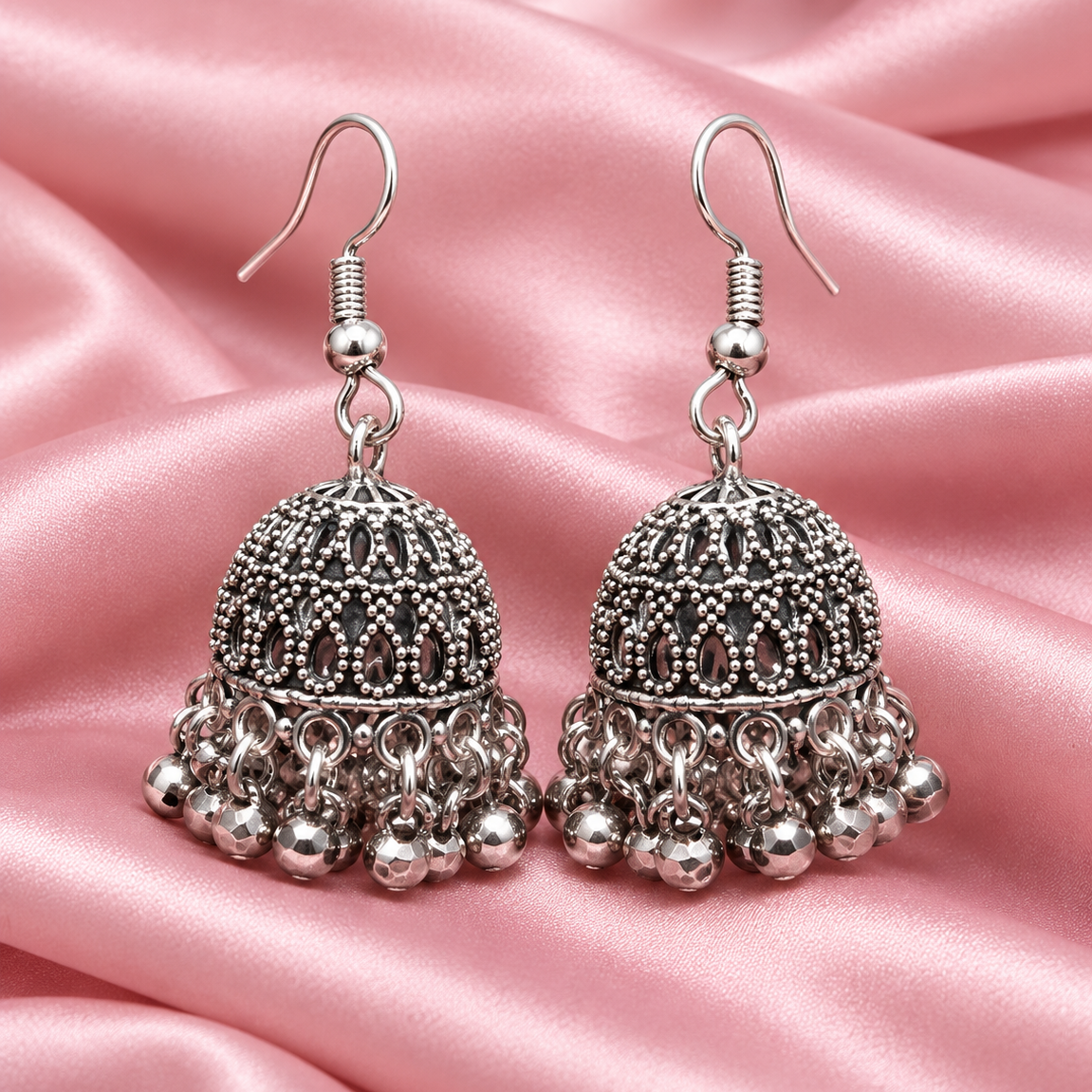 Traditional Oxidised Silver Dome Jhumka Earrings with Ghungroo Detailing