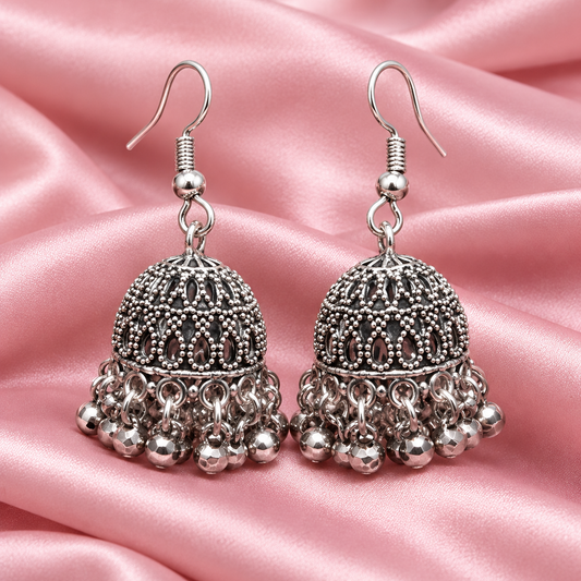 Traditional Oxidised Silver Dome Jhumka Earrings with Ghungroo Detailing