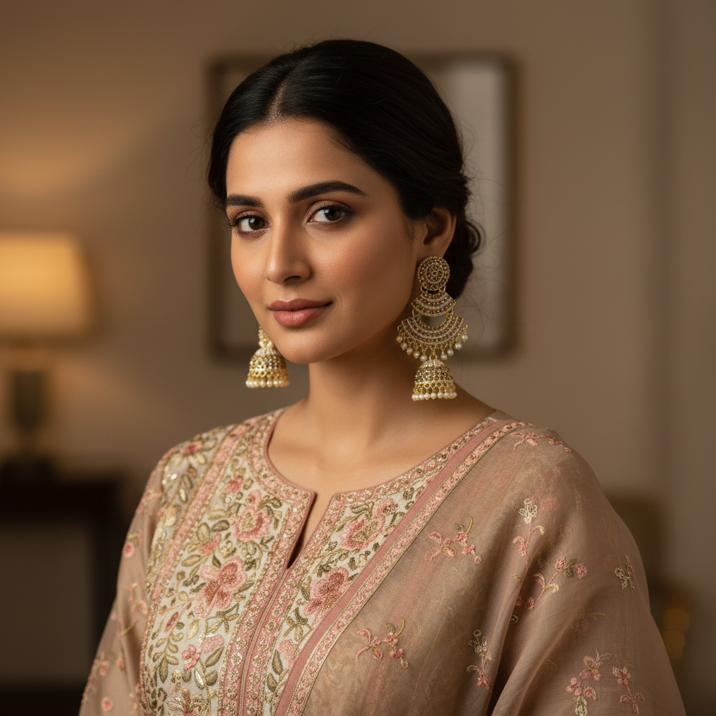 Antique Gold Kundan Jhumka Earrings – Traditional Bridal Statement Chandbali Style- Stainless Steel