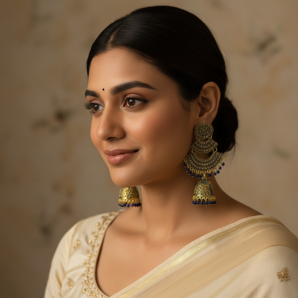 Antique Gold Kundan Jhumka Earrings – Traditional Bridal Statement Chandbali Style- Stainless Steel