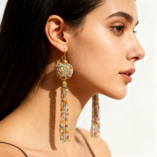 Colorful Beaded Ball Tassel Drop Earrings