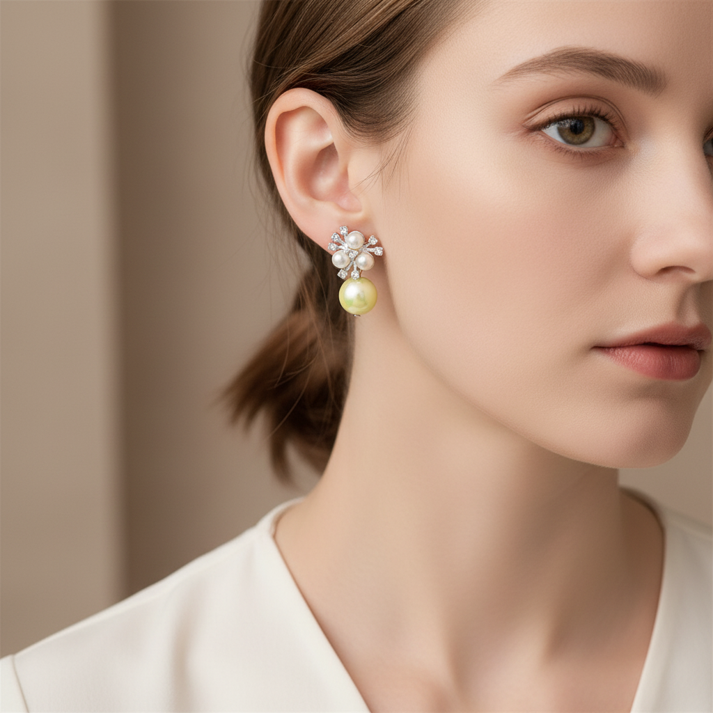 Pearl & Crystal Drop Earrings – Iridescent Ball Statement Designer Earrings