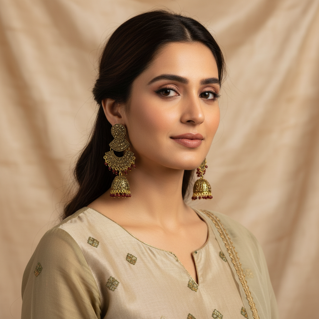 Antique Gold Kundan Jhumka Earrings – Traditional Bridal Statement Chandbali Style- Stainless Steel
