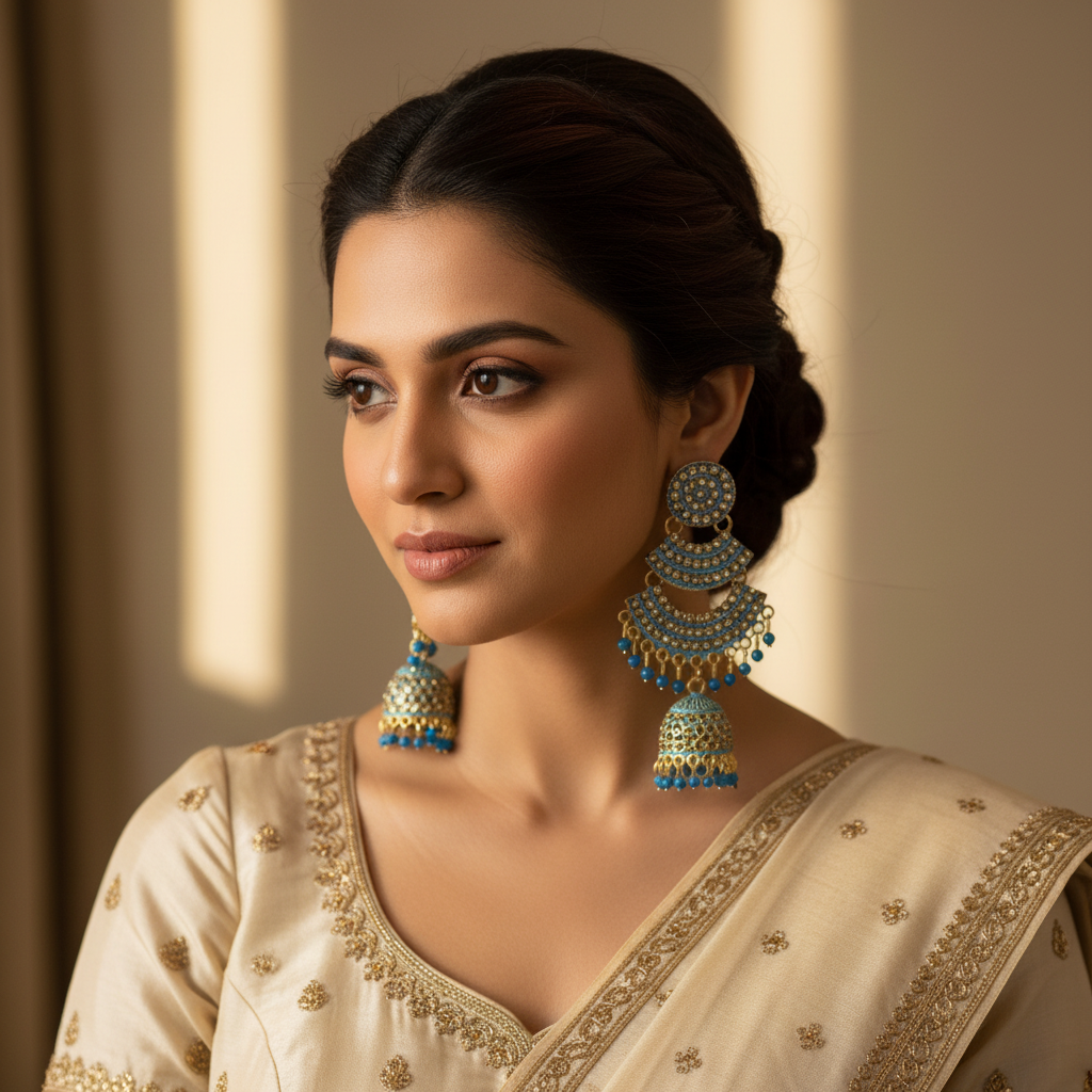 Antique Gold Kundan Jhumka Earrings – Traditional Bridal Statement Chandbali Style- Stainless Steel