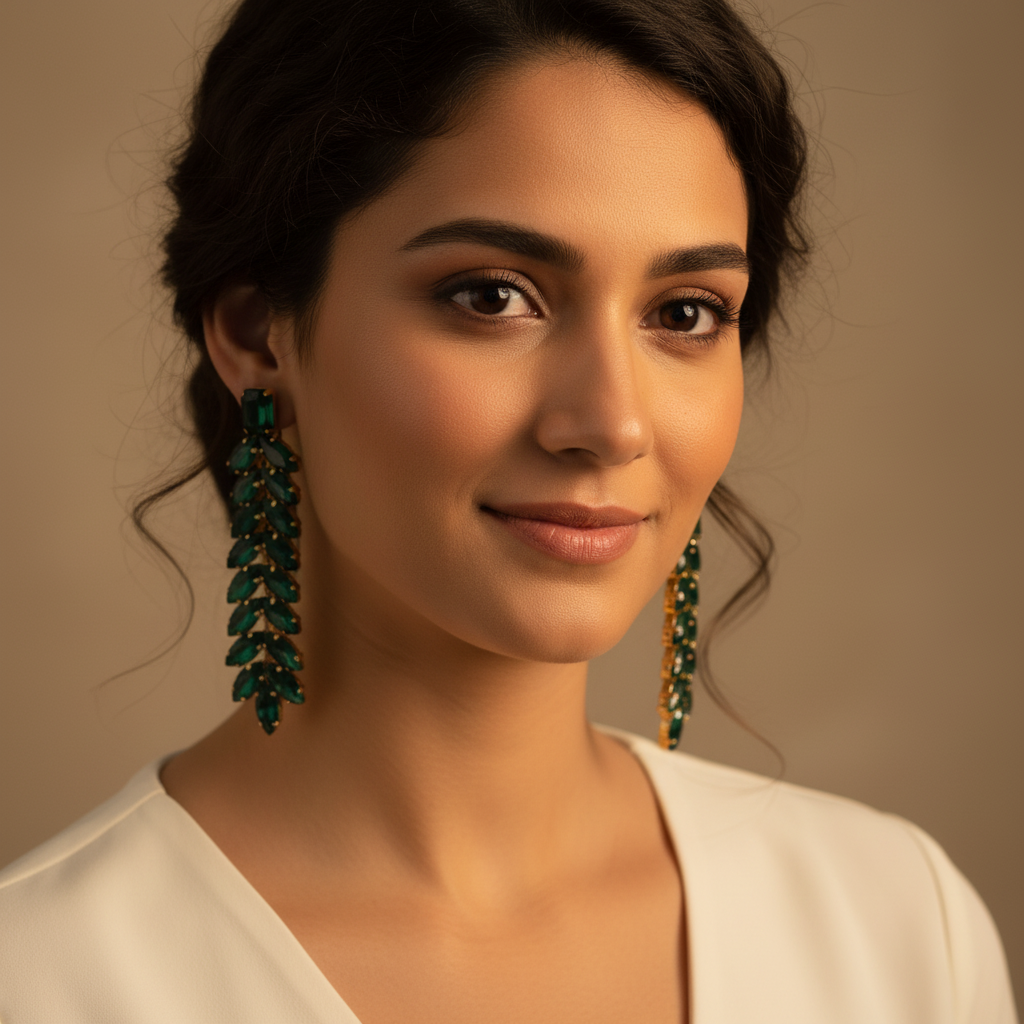 Statement Crystal Drop Earrings with Leaf Design