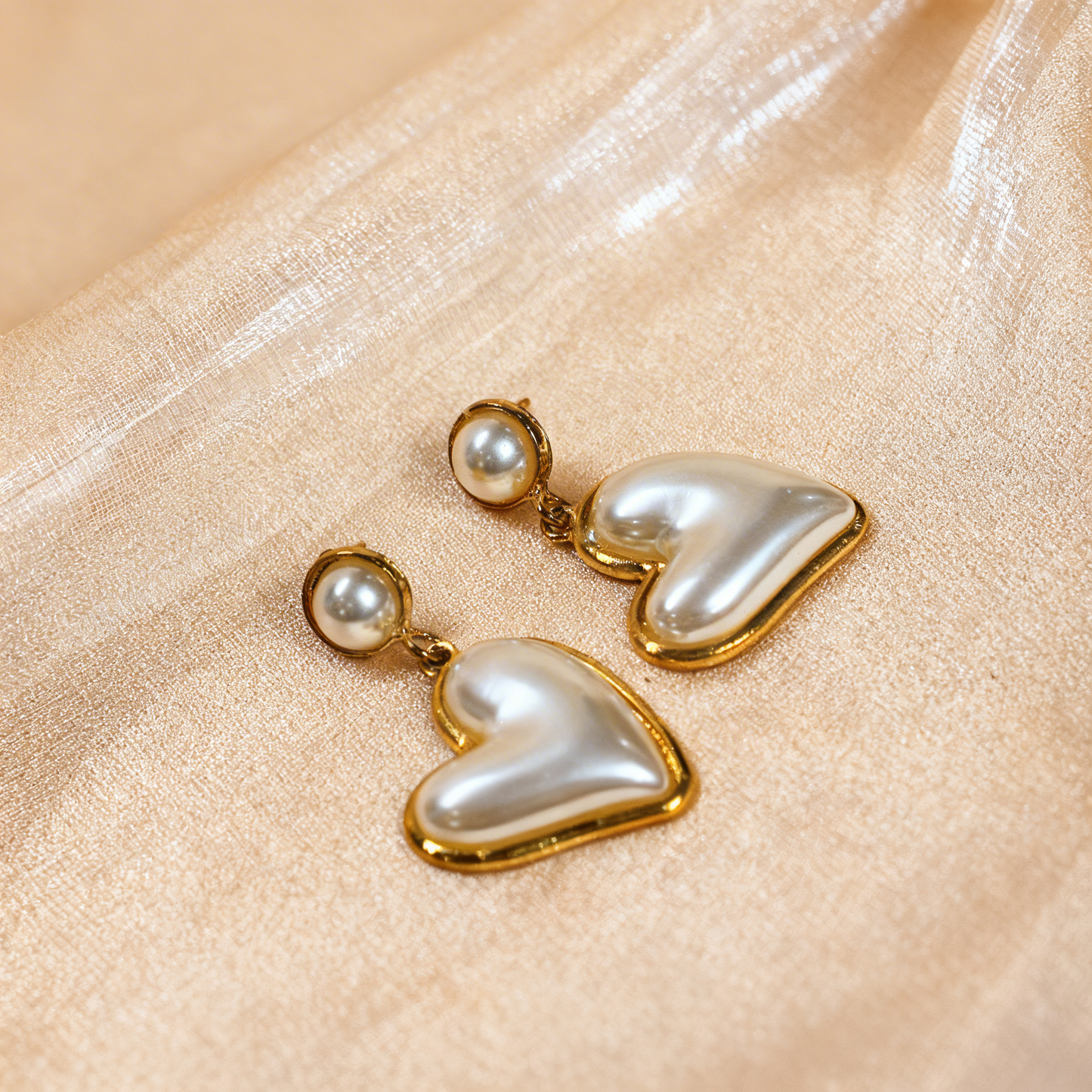 Elegant Heart Pearl Drop Earrings – Gold-Tone Statement Jewelry