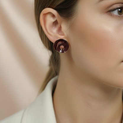 Wine Red Spiral Statement Earrings – Gloss Finish Modern Designer Studs