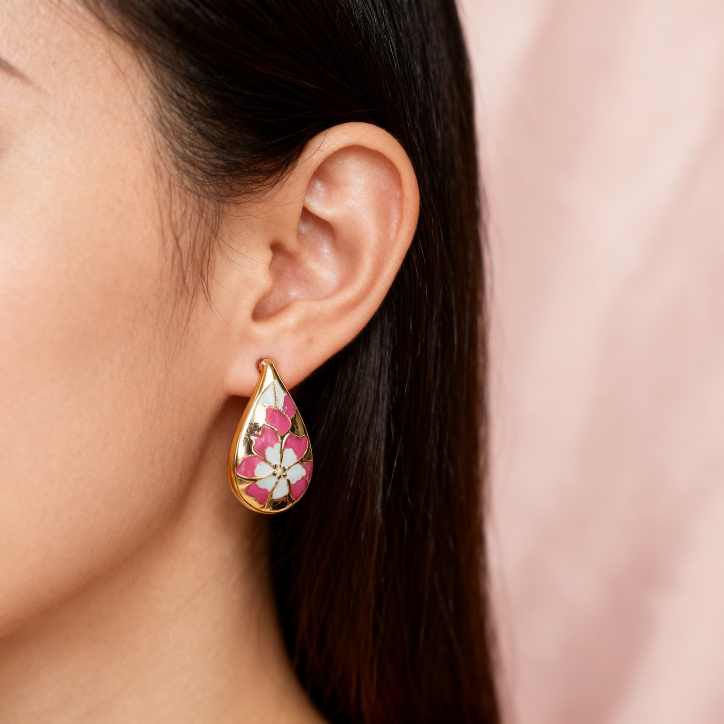 Teal Floral Gold-Tone Stud Earrings – Premium Gloss Designer Statement Studs