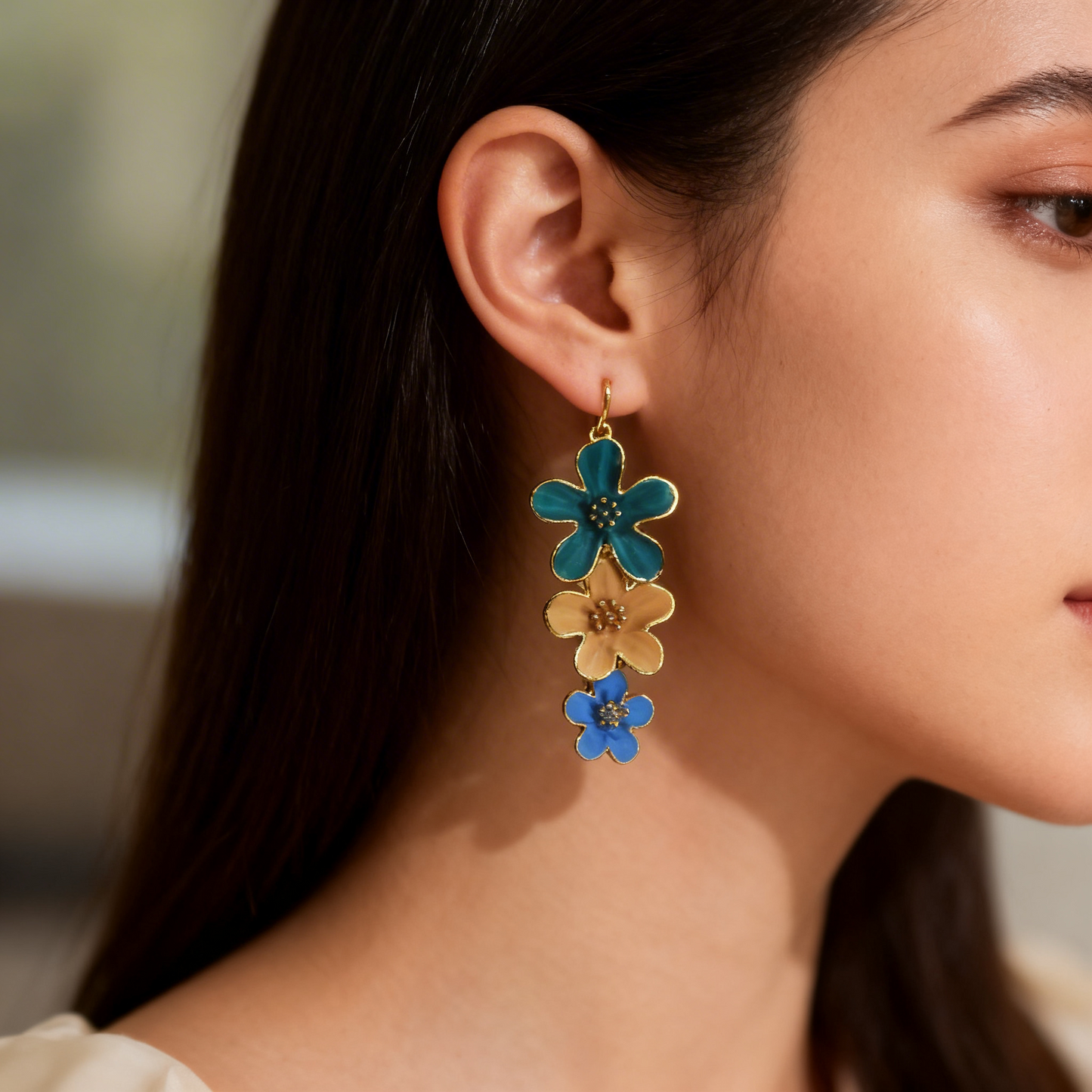 Pastel Floral Drop Earrings – Multicolor Layered Flower Statement Earrings