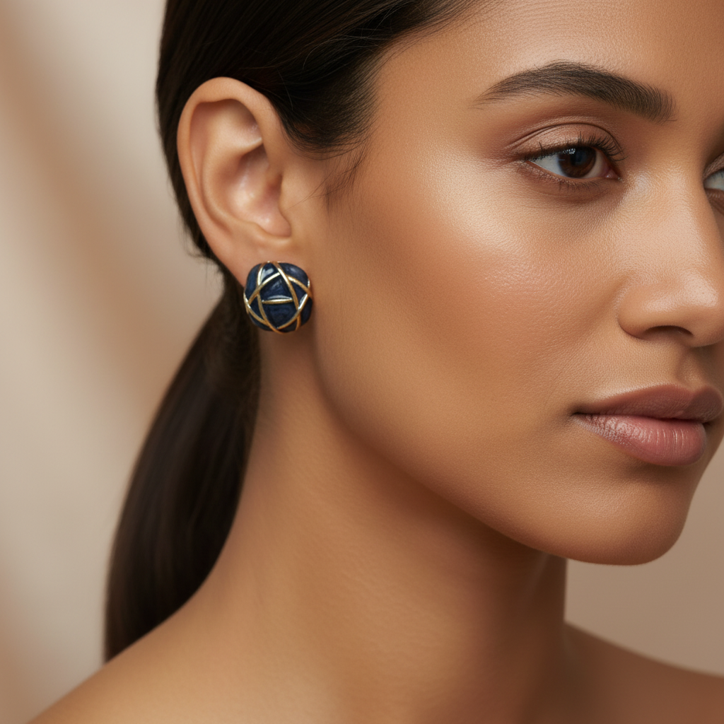 Ivory Gold Grid Statement Earrings – Premium Textured Designer Studs