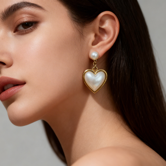 Elegant Heart Pearl Drop Earrings – Gold-Tone Statement Jewelry