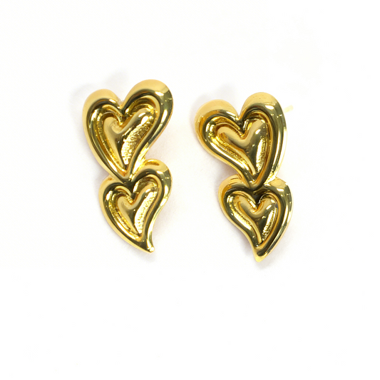 Multi-Heart Drop Stud Earrings - Unique Layered Love Earrings in Gold