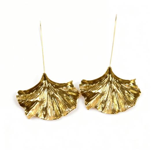 Textured Gold Fan Earrings - Minimalist Long Wire Leaf Dangles | BME