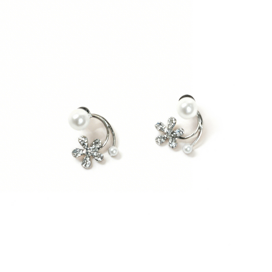 Dainty Pave Floral Pearl Earrings - 2-in-1 Silver Ear Jacket Style