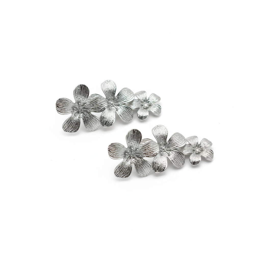 Silver Triple Bloom Climber Earrings – Textured Floral Studs- Stainless Steel
