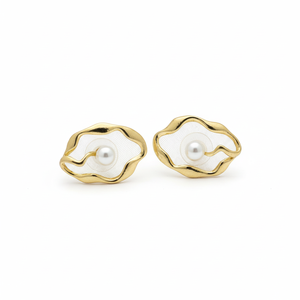 Abstract Molten Gold & Floating Pearl Stud Earrings