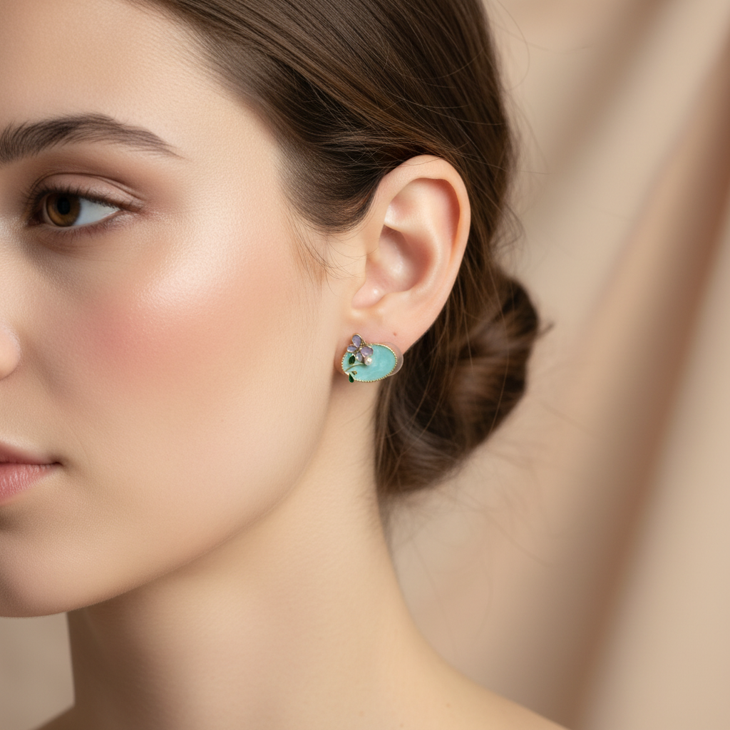 Mint Green Enamel Flower Studs - Artistic Painterly Earrings with Pearl