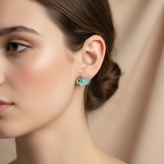 Mint Green Enamel Flower Studs - Artistic Painterly Earrings with Pearl