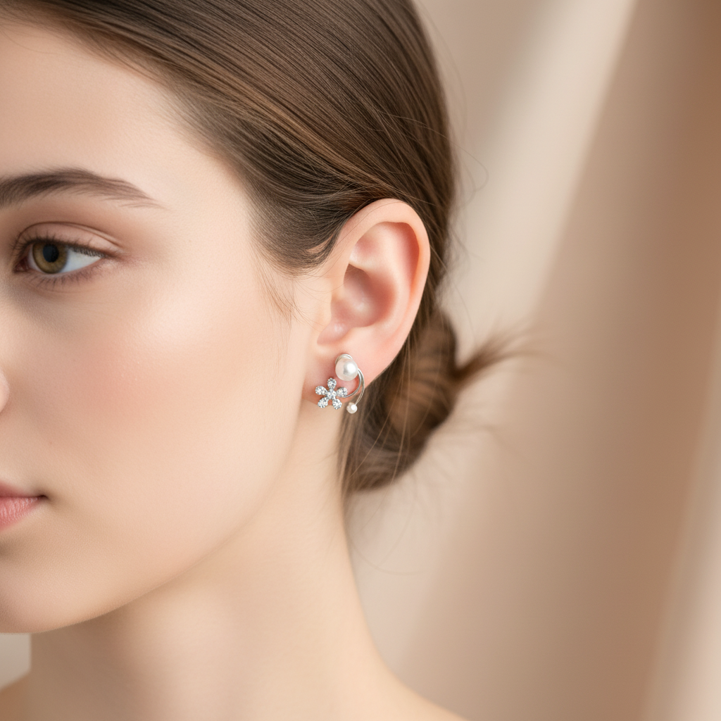 Dainty Pave Floral Pearl Earrings - 2-in-1 Silver Ear Jacket Style