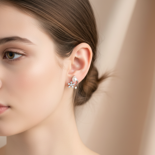 Dainty Pave Floral Pearl Earrings - 2-in-1 Silver Ear Jacket Style