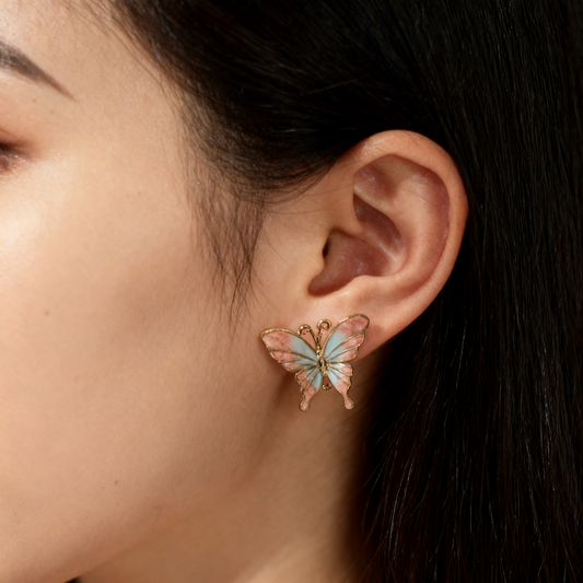 Pink & White Butterfly Stud Earrings – Delicate Statement Jewelry- Stainless Steel