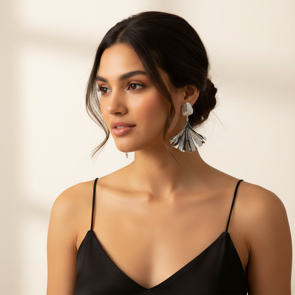 Silver Fan Leaf Drop Earrings