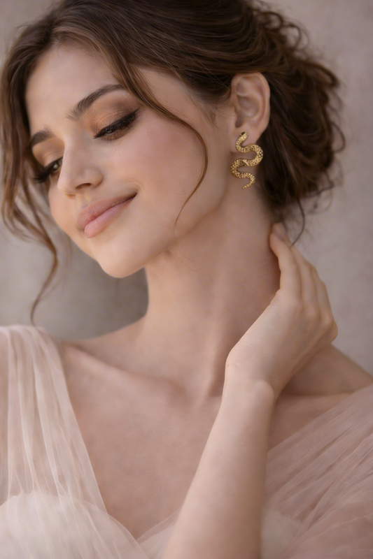 Golden Snake Statement Earrings – Textured Luxe Drop Design- Stainless Steel