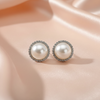 Classic Pearl Stud Earrings with Crystal Halo – Silver Finish