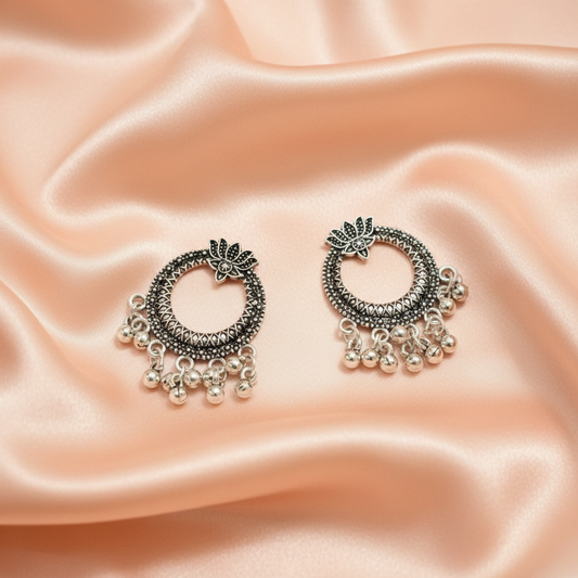 Oxidised Silver Lotus Chandbali Earrings for Women – Traditional Drop Design