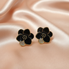 Elegant Black Floral Stud Earrings with Crystal Detailing