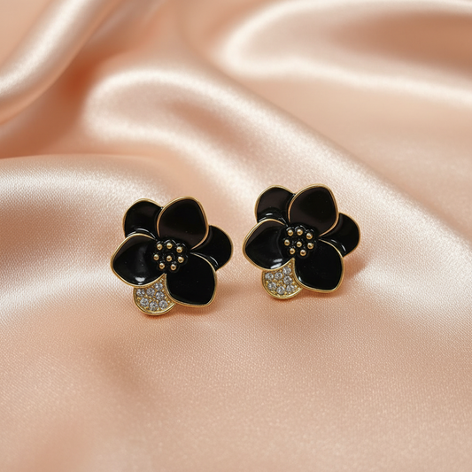 Elegant Black Floral Stud Earrings with Crystal Detailing