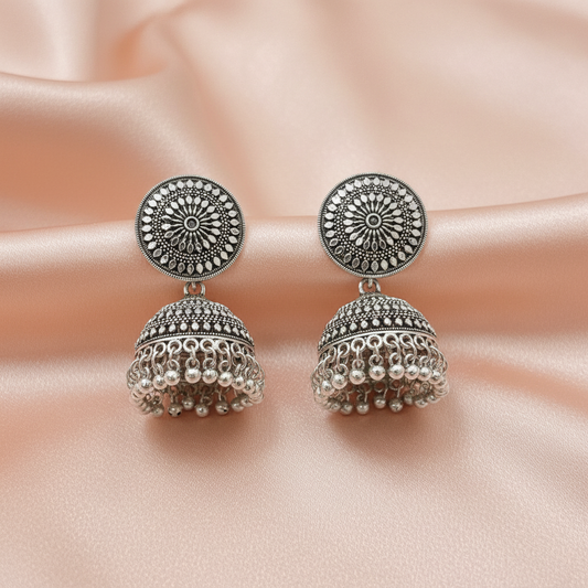 Oxidised Silver Floral Disc Jhumka Earrings with Traditional Detailing-Stainless steel