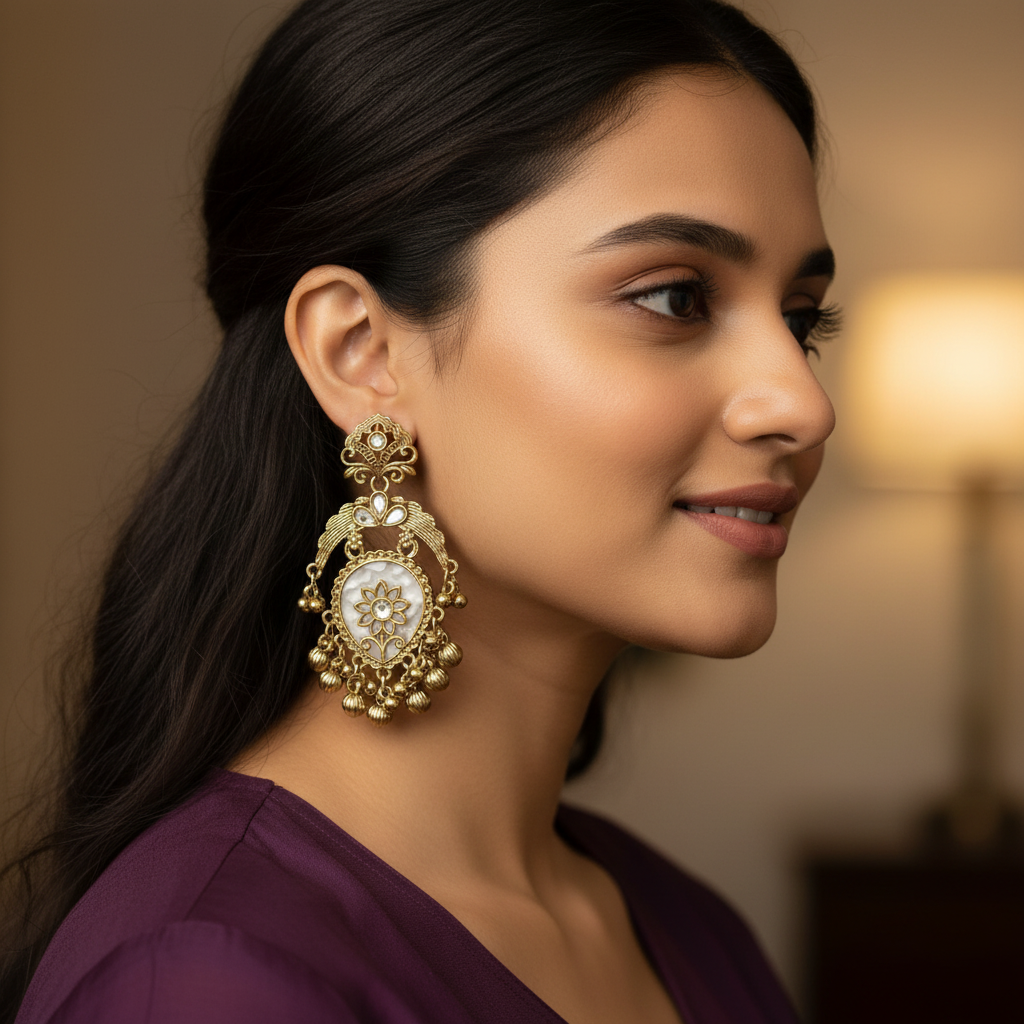 Antique Floral Chandbali Earrings – Traditional Gold Tone Statement Jewellery- Stainless Steel