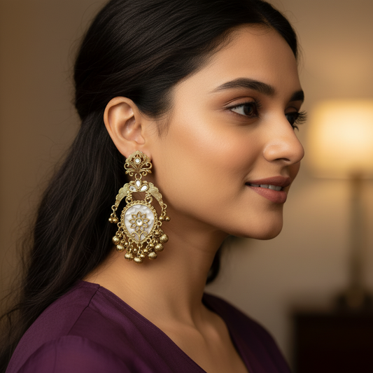 Antique Floral Chandbali Earrings – Traditional Gold Tone Statement Jewellery- Stainless Steel