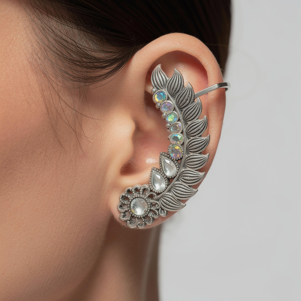 Silver Leaf Ear Cuff with Crystal Detailing – Statement Ear Wrap Earring