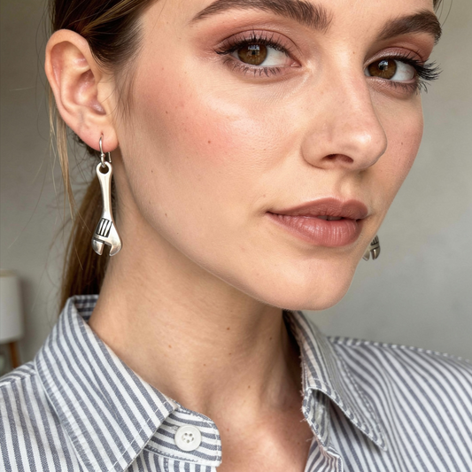 Minimalist Wrench Drop Earrings – Silver Finish Tool Charm